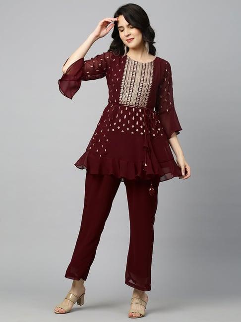 fashor maroon embroidered kurti palazzo set