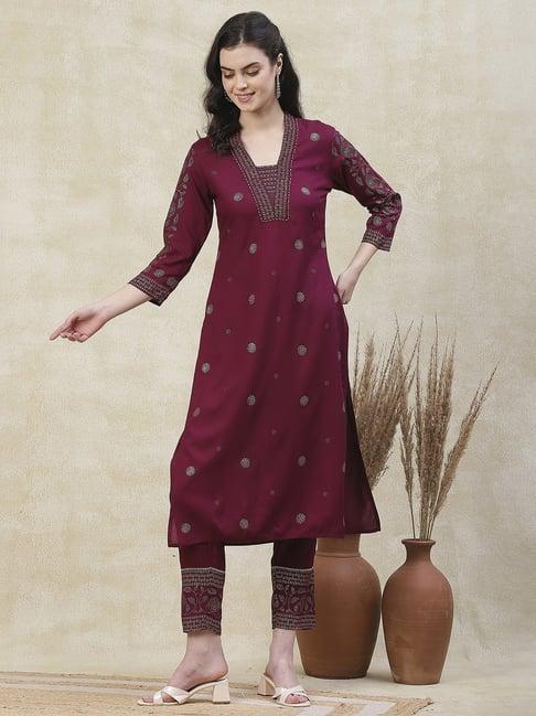 fashor maroon embroidered kurti pant set