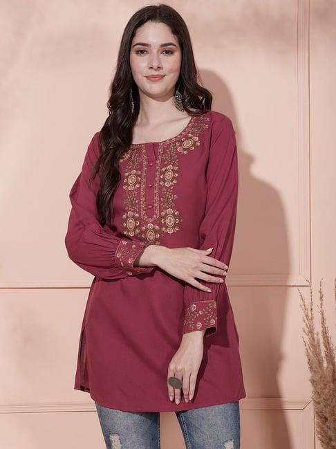 fashor maroon embroidered straight short kurti