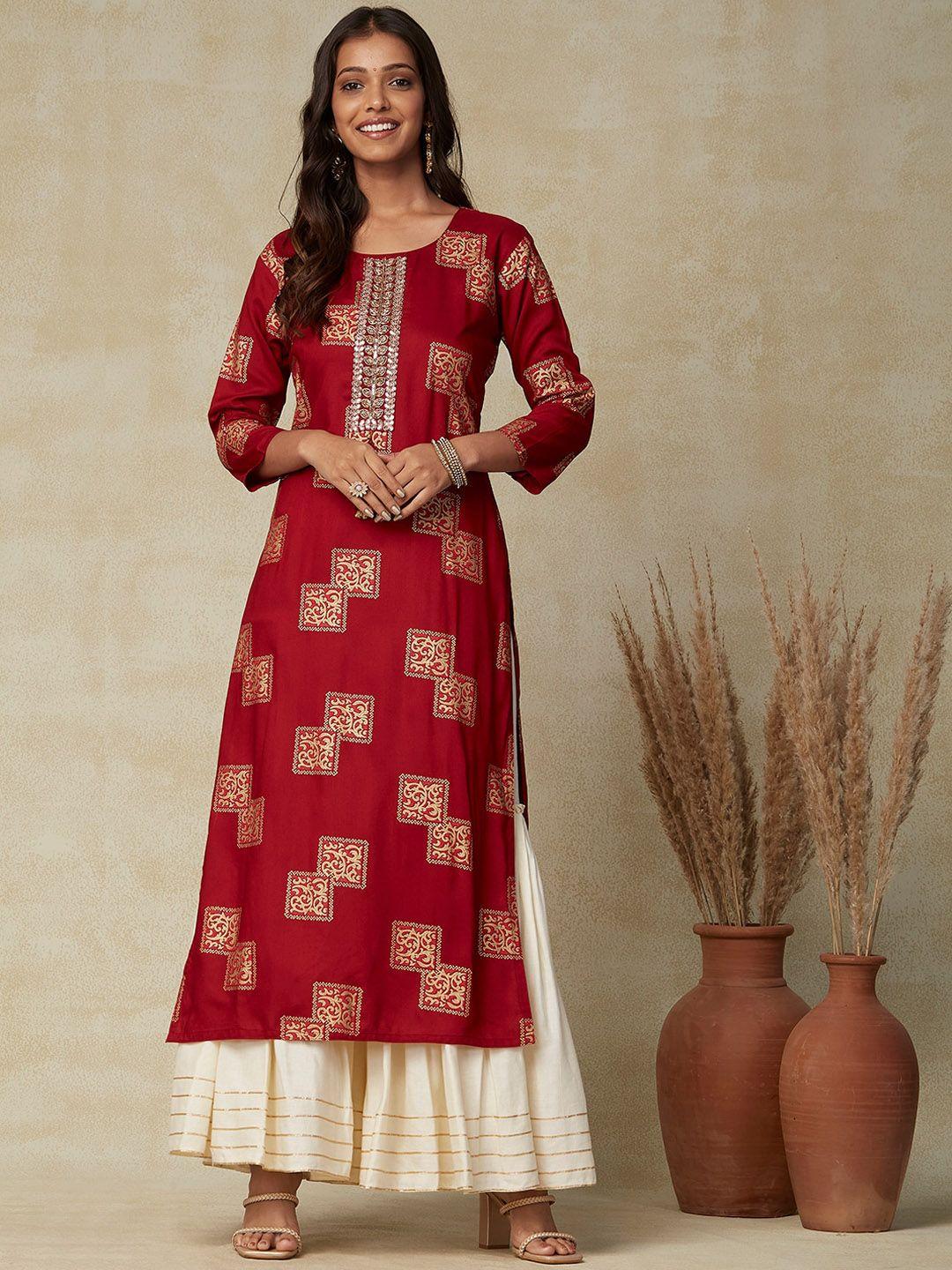 fashor maroon ethnic motifs foil printed straight kurta