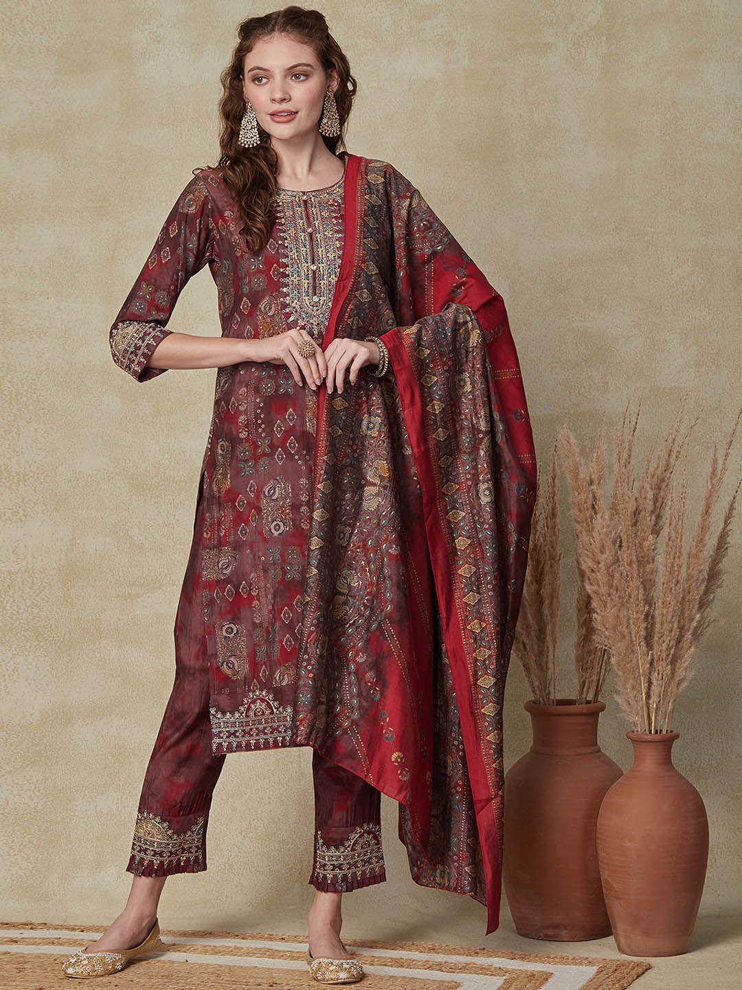 fashor maroon ethnic motifs printed regular kurta with trousers & with dupatta