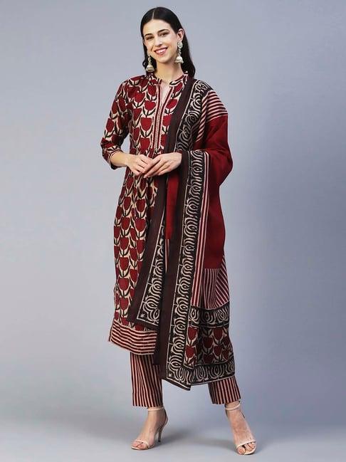 fashor maroon floral print kurta pant set with dupatta