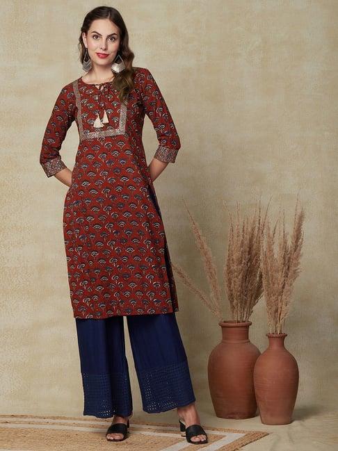 fashor maroon floral print straight kurta