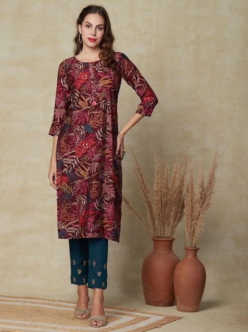 fashor maroon floral print straight kurta