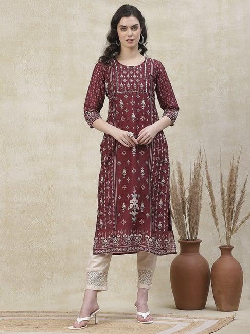 fashor maroon floral print straight kurta