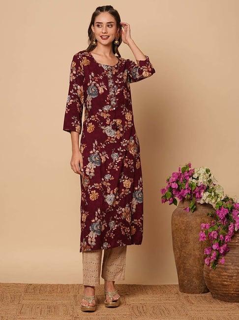 fashor maroon floral print straight kurta