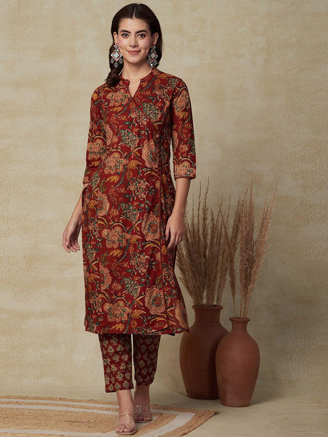 fashor maroon floral printed sequinned pure cotton straight kurta with trousers