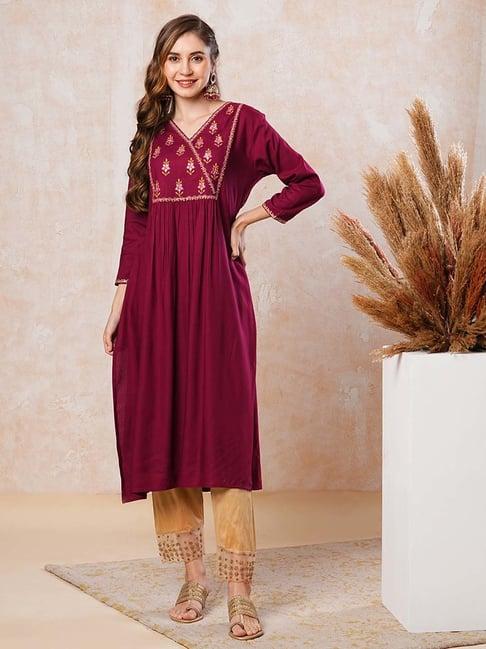 fashor maroon plain straight kurta