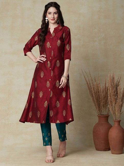 fashor maroon printed a line kurta