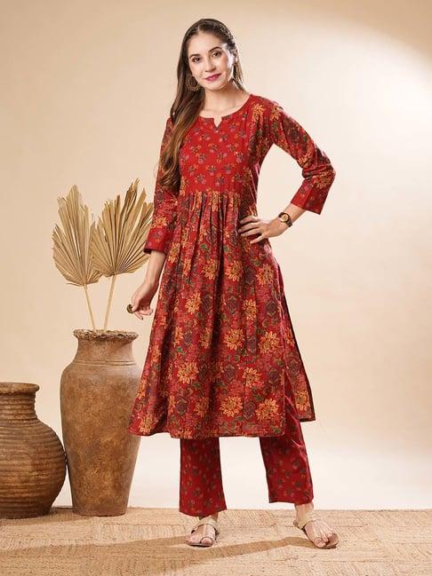 fashor maroon printed kurta & pants set