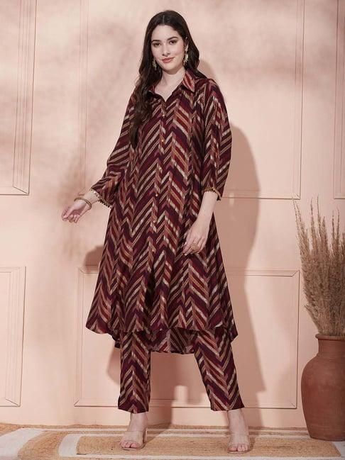 fashor maroon printed kurta pant set