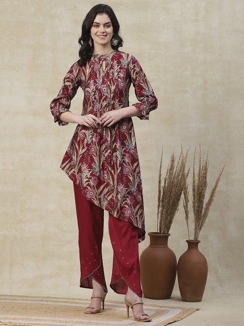 fashor maroon printed kurta pant set