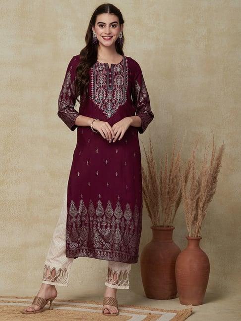 fashor maroon printed straight kurta