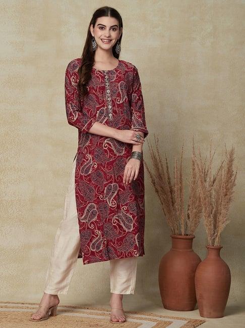 fashor maroon printed straight kurta