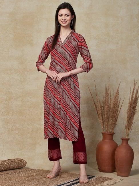 fashor maroon striped straight kurta