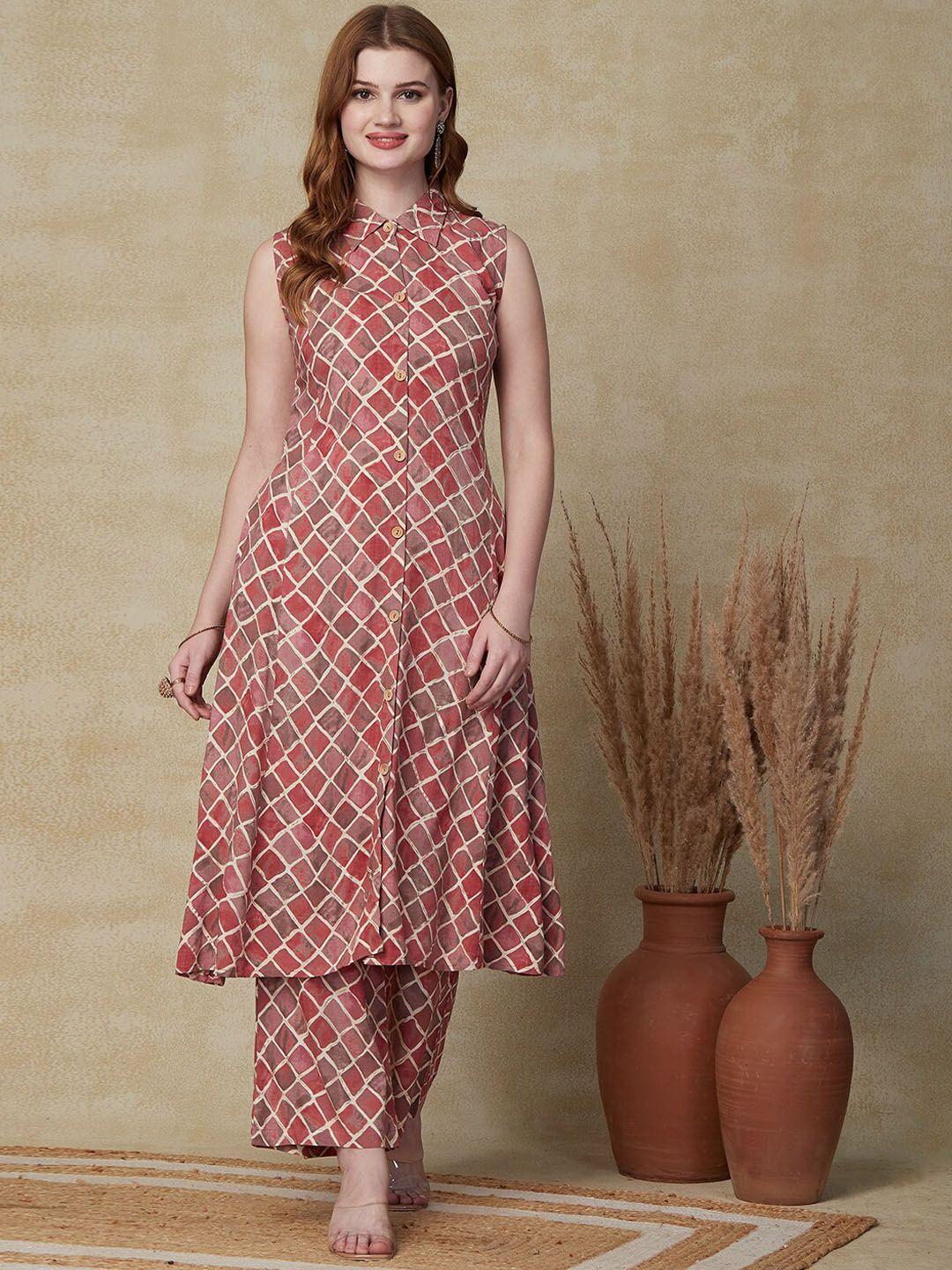 fashor mauve checked a-line kurta with palazzos