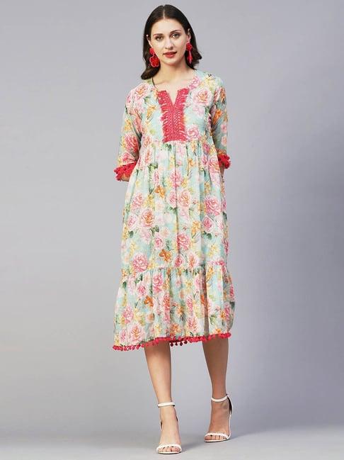 fashor mint green cotton floral print a-line dress