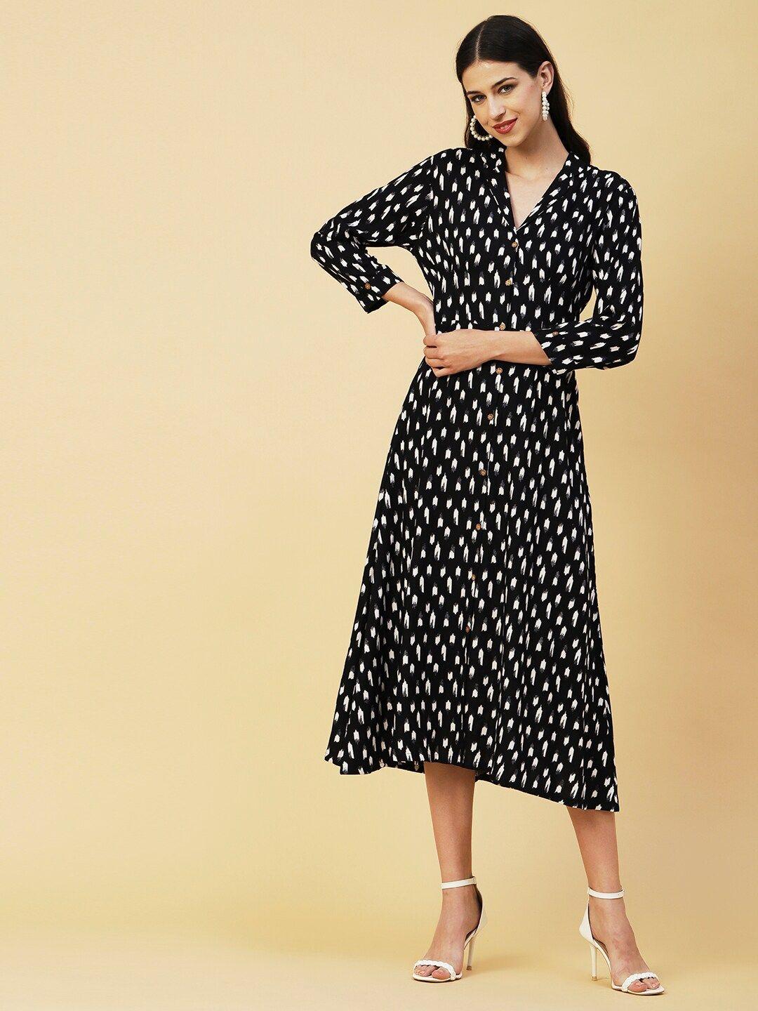 fashor monochrome ethnic motifs ikkat printed shirt dress with belt