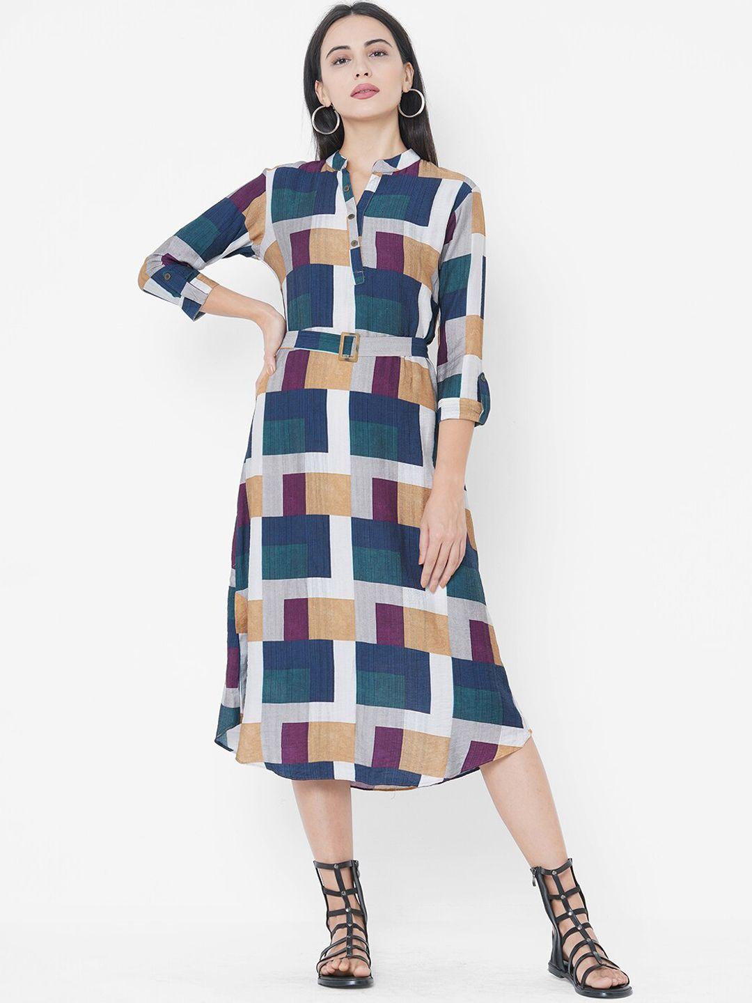 fashor multi ethnic motifs checked shirt midi dress