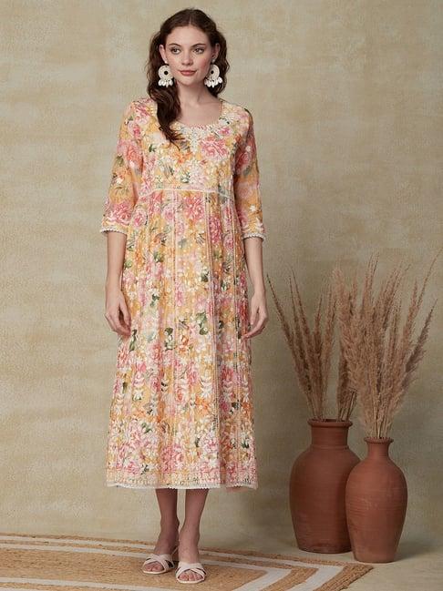 fashor multicolored cotton embroidered a-line dress