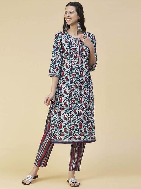 fashor multicolored cotton printed kurta pant set