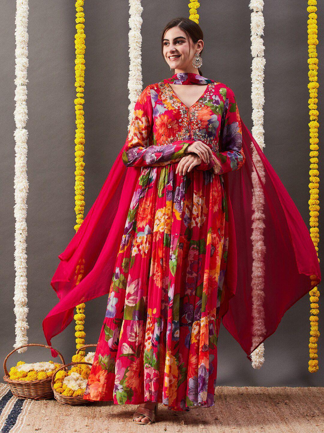 fashor multicoloured floral print crepe fit & flare maxi dress