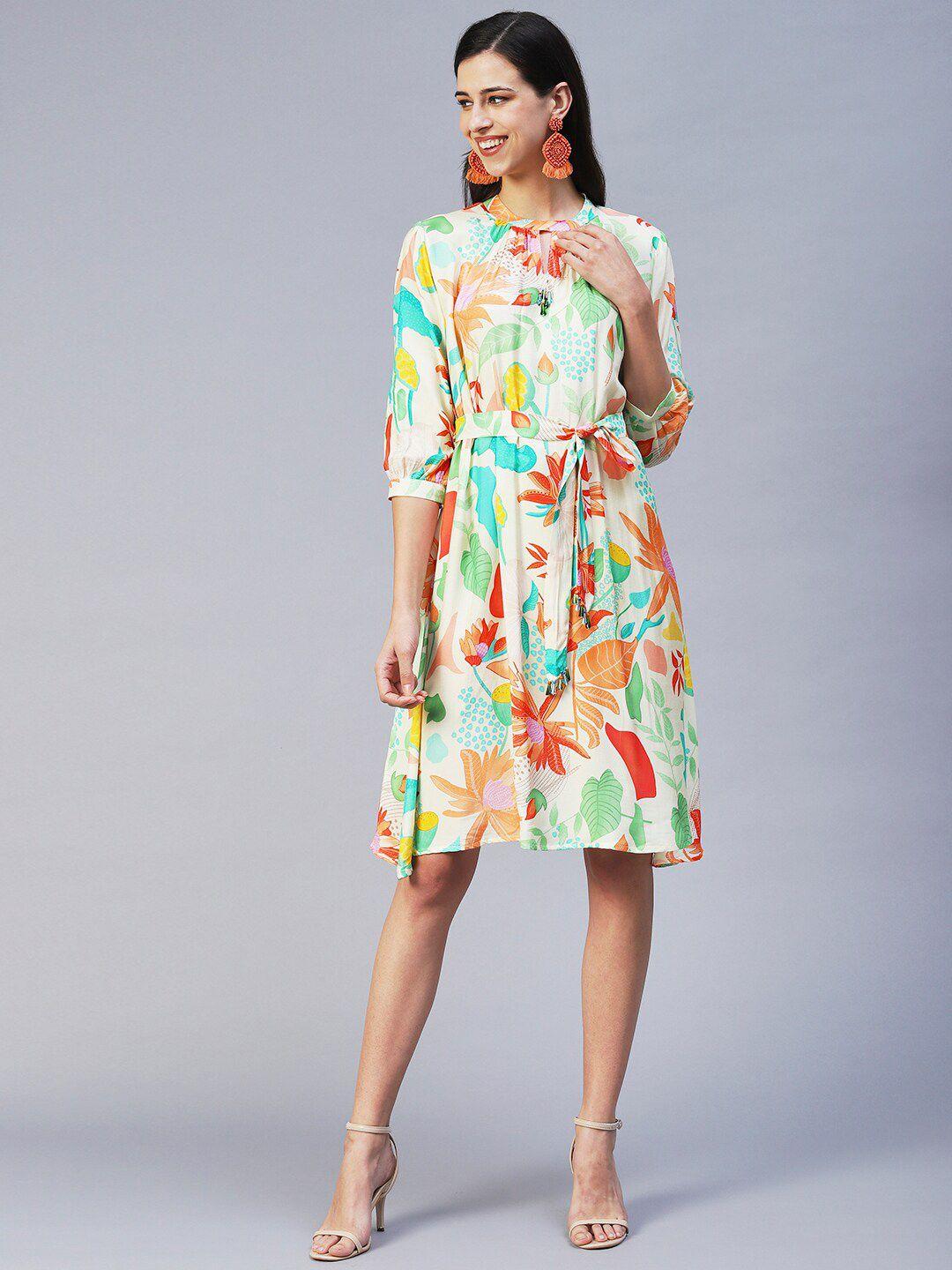 fashor multicoloured floral tie-up neck crepe a-line midi dress