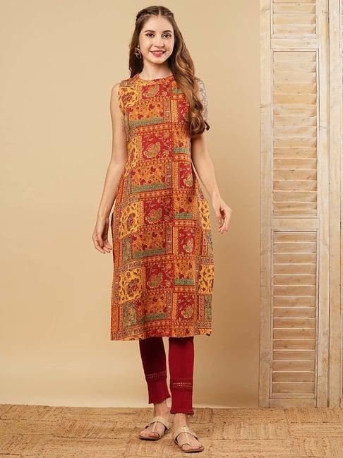 fashor mustard & maroon printed straight kurta