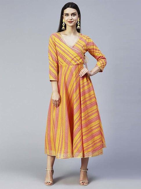 fashor mustard & pink cotton printed a-line dress