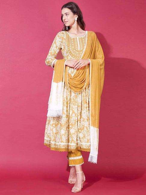 fashor mustard cotton embroidered kurta pant set with dupatta