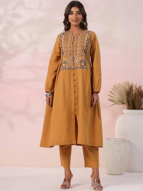 fashor mustard cotton embroidered kurta pant set