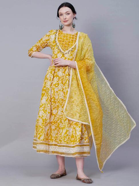 fashor mustard cotton floral anarkali kurta & pants with dupatta