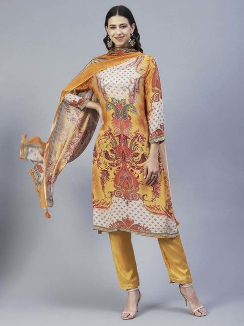 fashor mustard embellished kurta pant set with dupatta