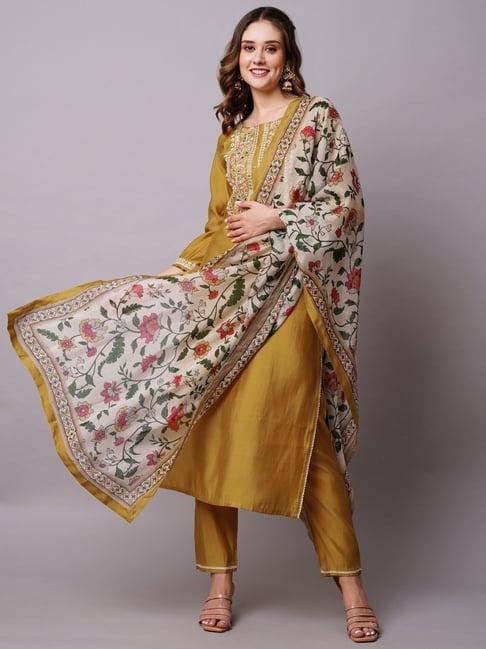 fashor mustard embroidered kurta pant set with dupatta