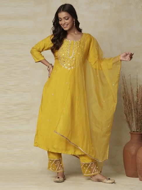 fashor mustard embroidered kurta pant set with dupatta