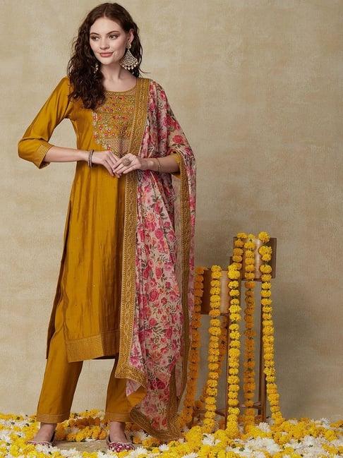 fashor mustard embroidered kurta pant set with dupatta