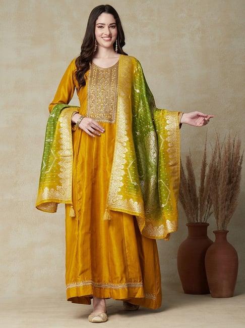 fashor mustard embroidered maxi dress with dupatta