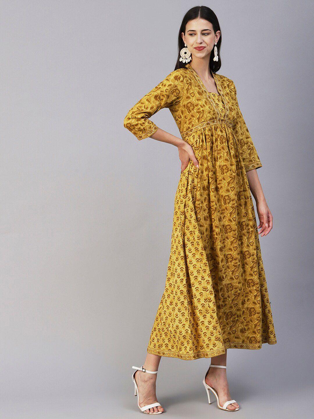 fashor mustard ethnic motifs printed gathered maxi empire dress