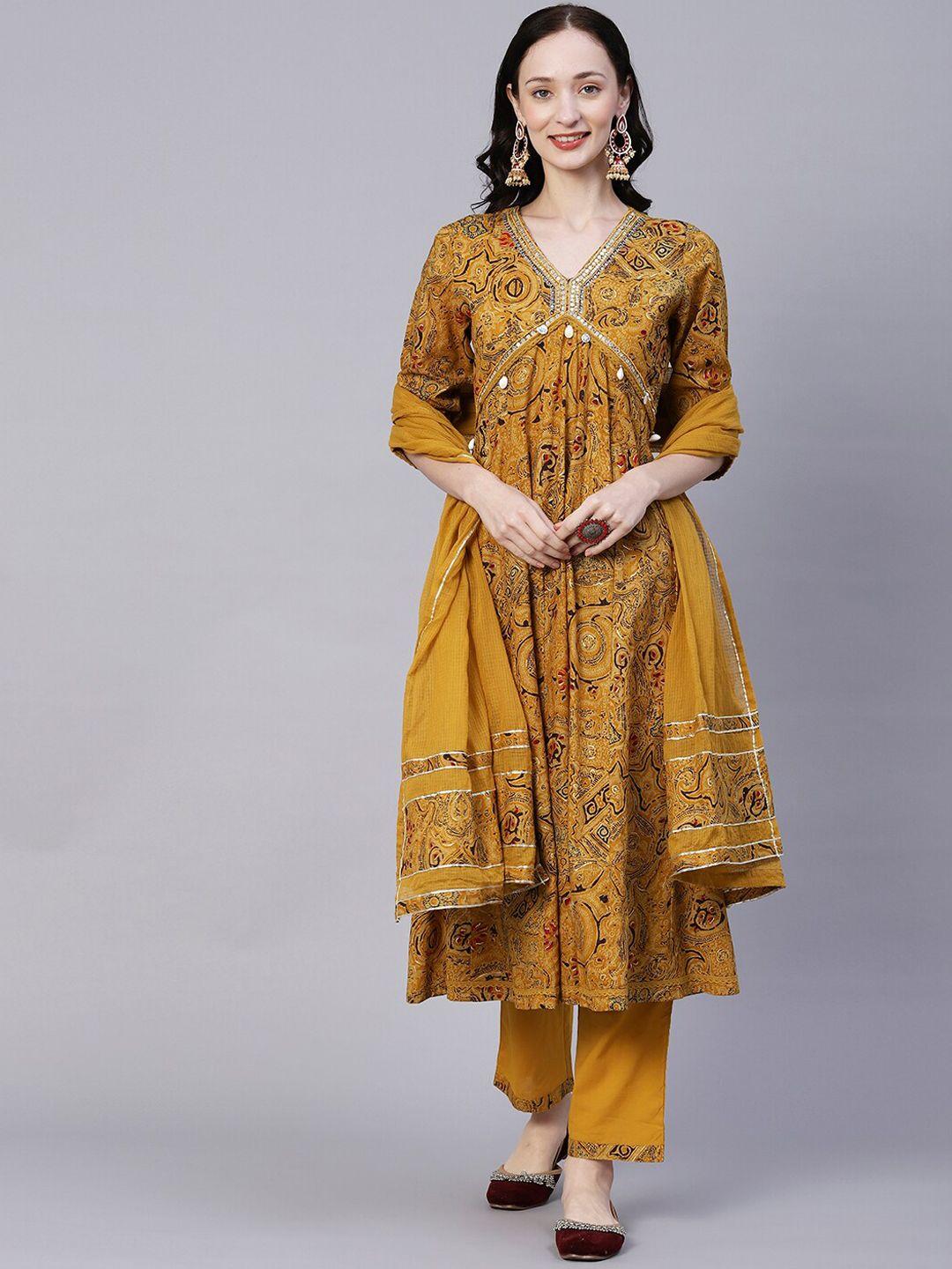 fashor mustard ethnic printed empire mirror work cotton kurta with trousers & dupatta