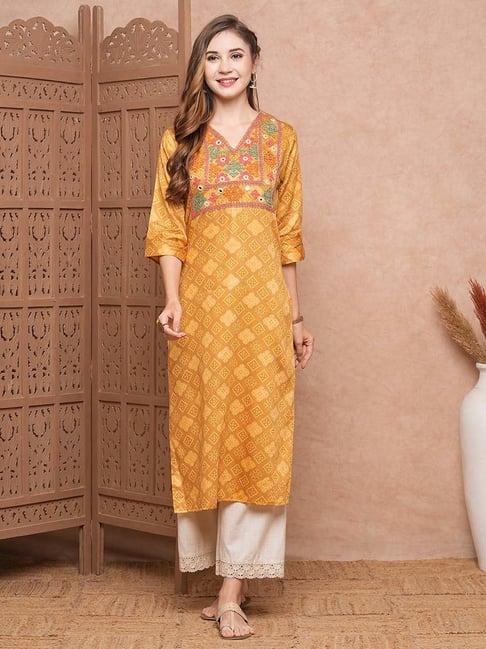 fashor mustard printed straight kurta