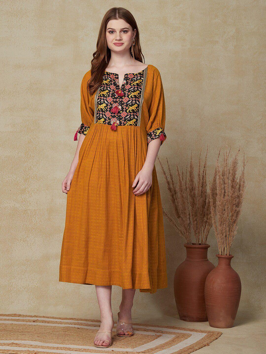 fashor mustard yellow & black animal printed gathered a-line midi ethnic dresses