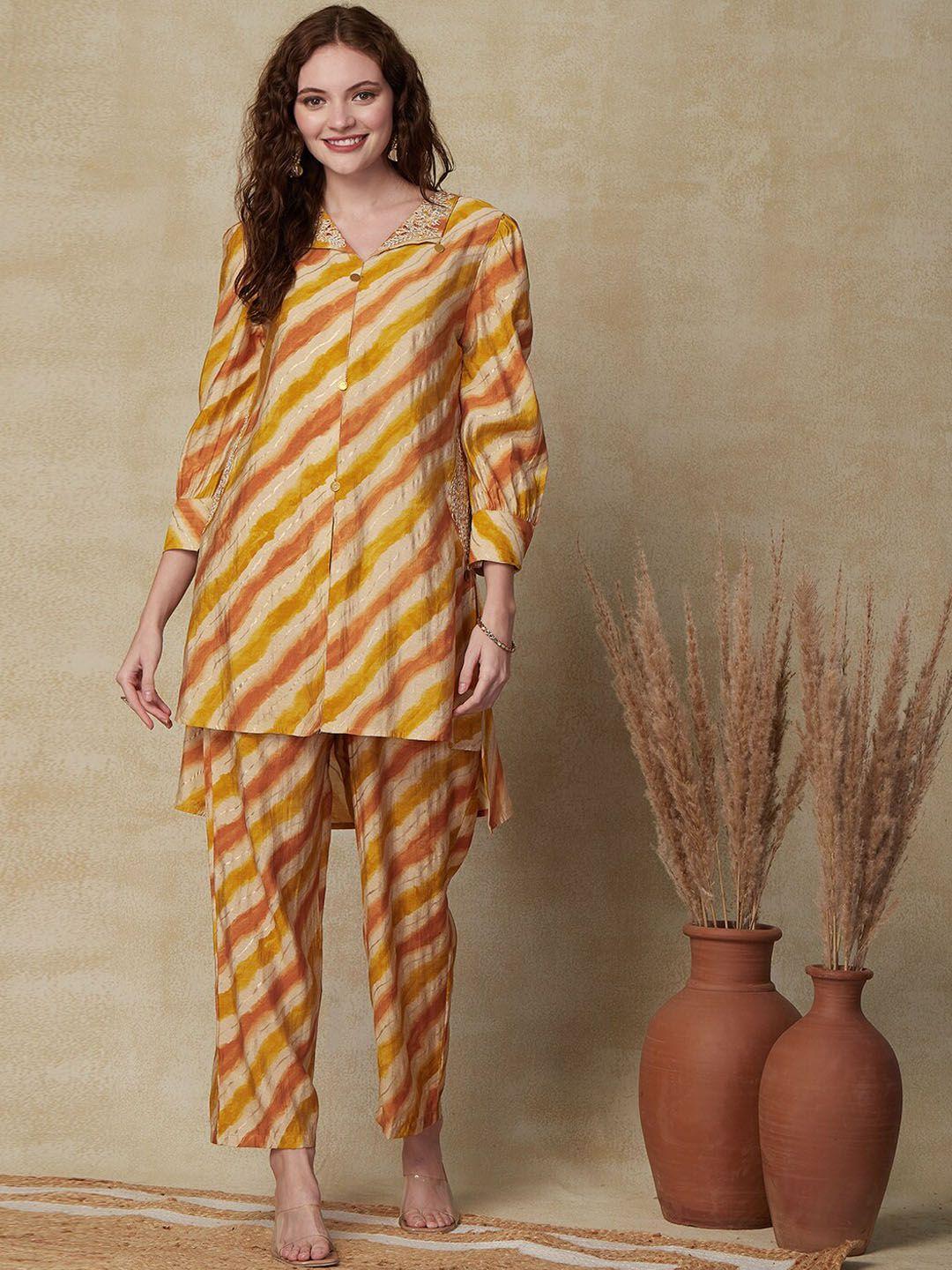 fashor mustard yellow leheriya printed regular puffed sleeves straight kurti with palazzos