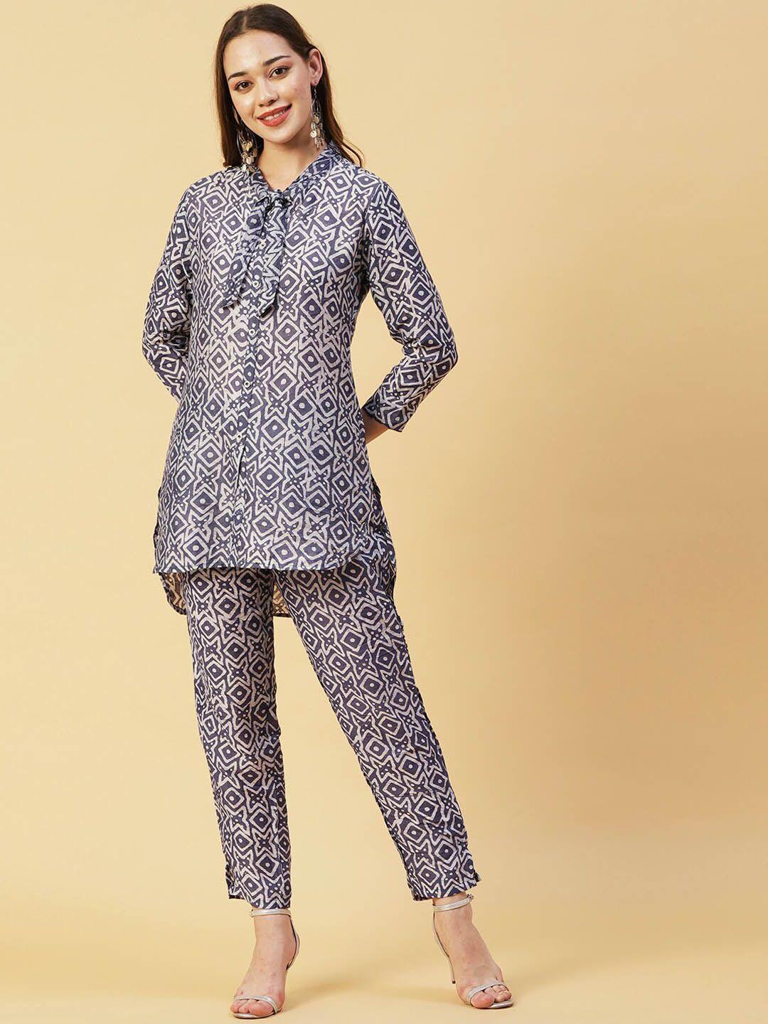 fashor navy blue & white printed tie-up neck high low kurti with trousers