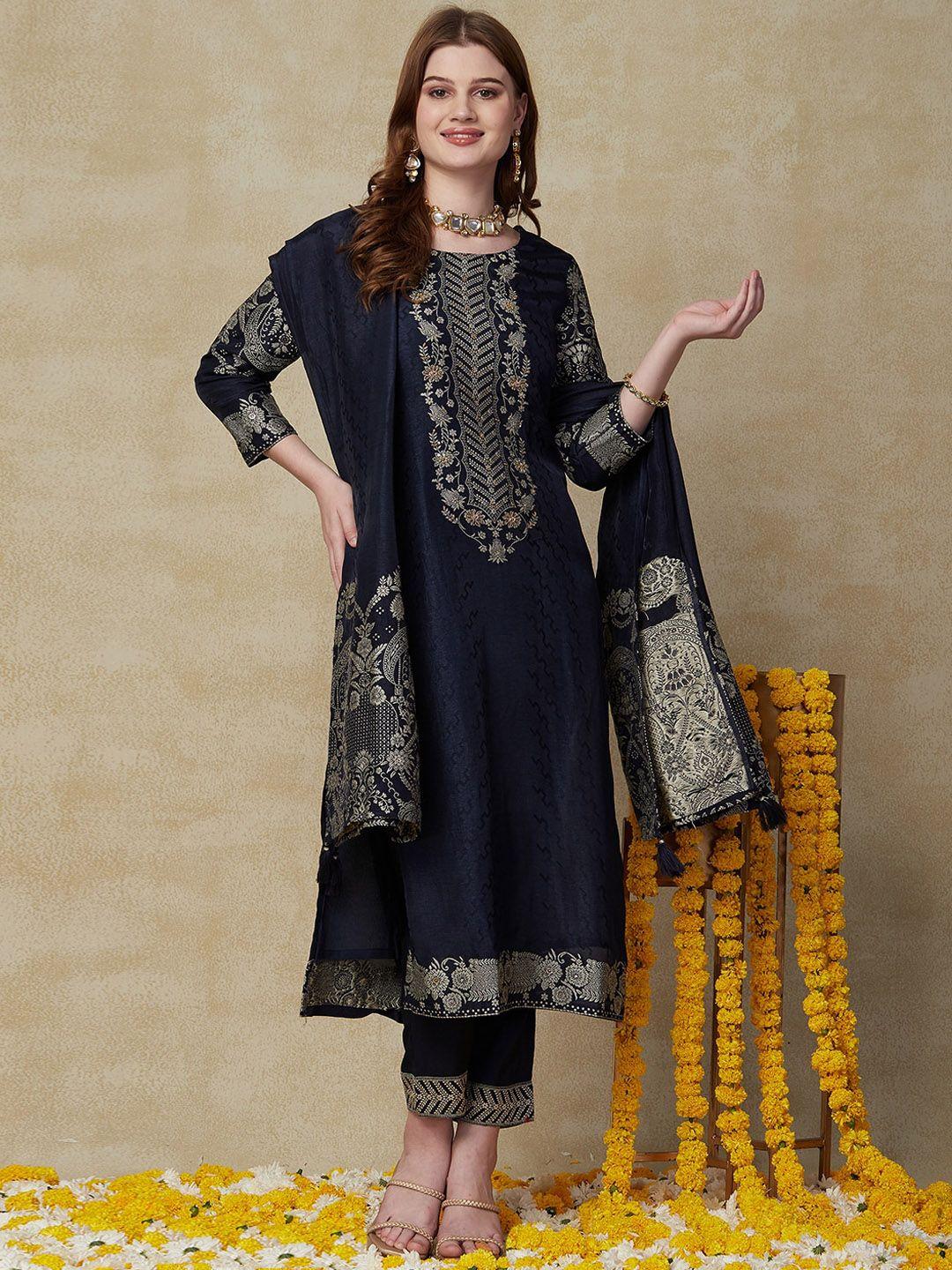 fashor navy blue ethnic motifs embroidered straight kurta with trousers & dupatta