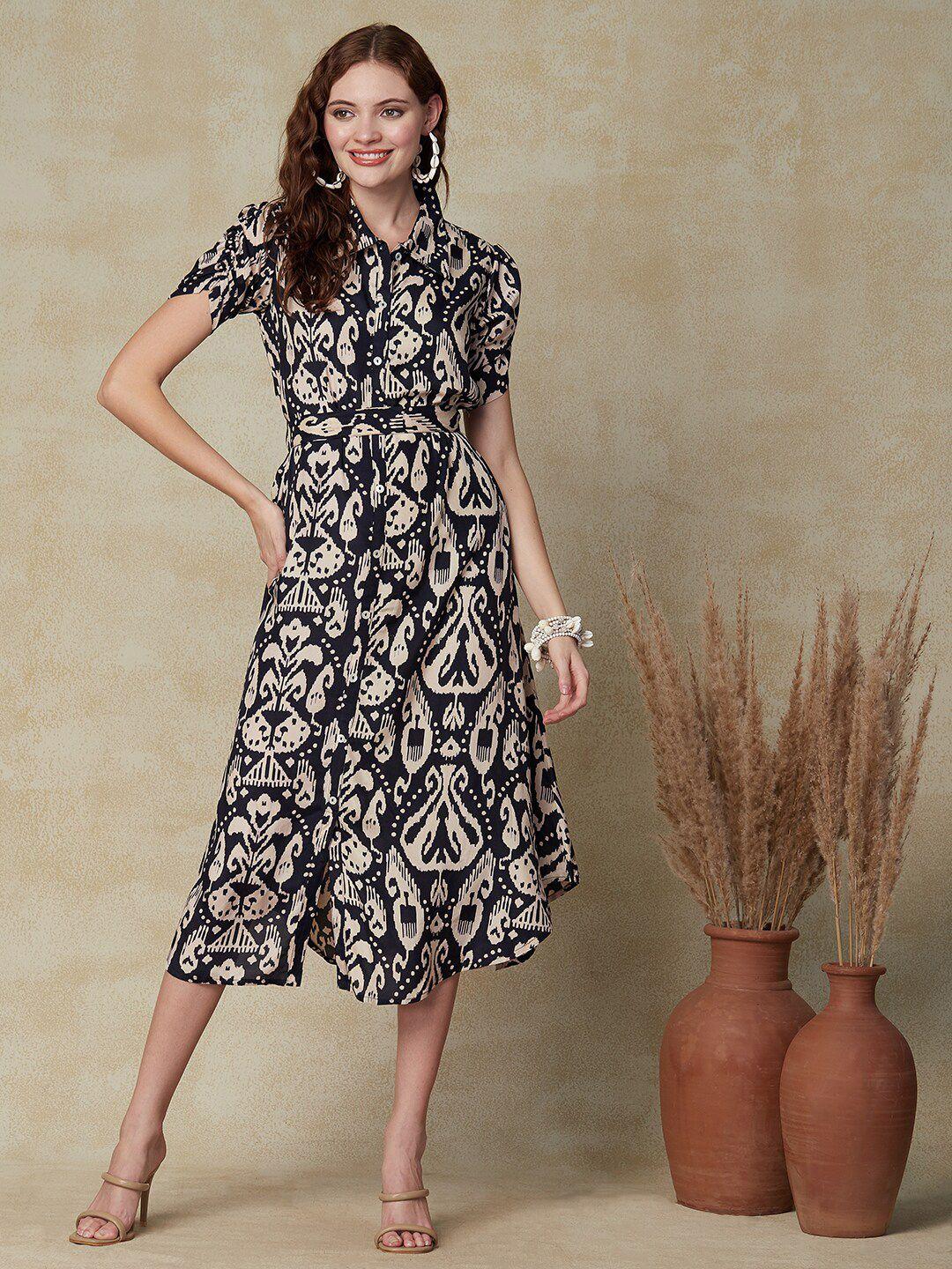 fashor navy blue ethnic motifs print shirt dress