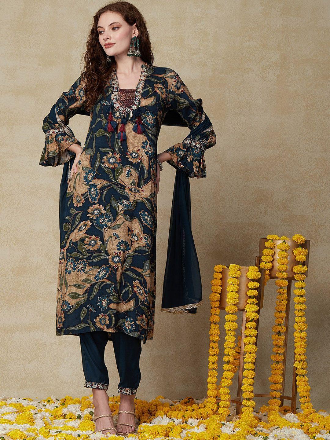 fashor navy blue floral printed beads and stones straight kurta & trouser with dupatta
