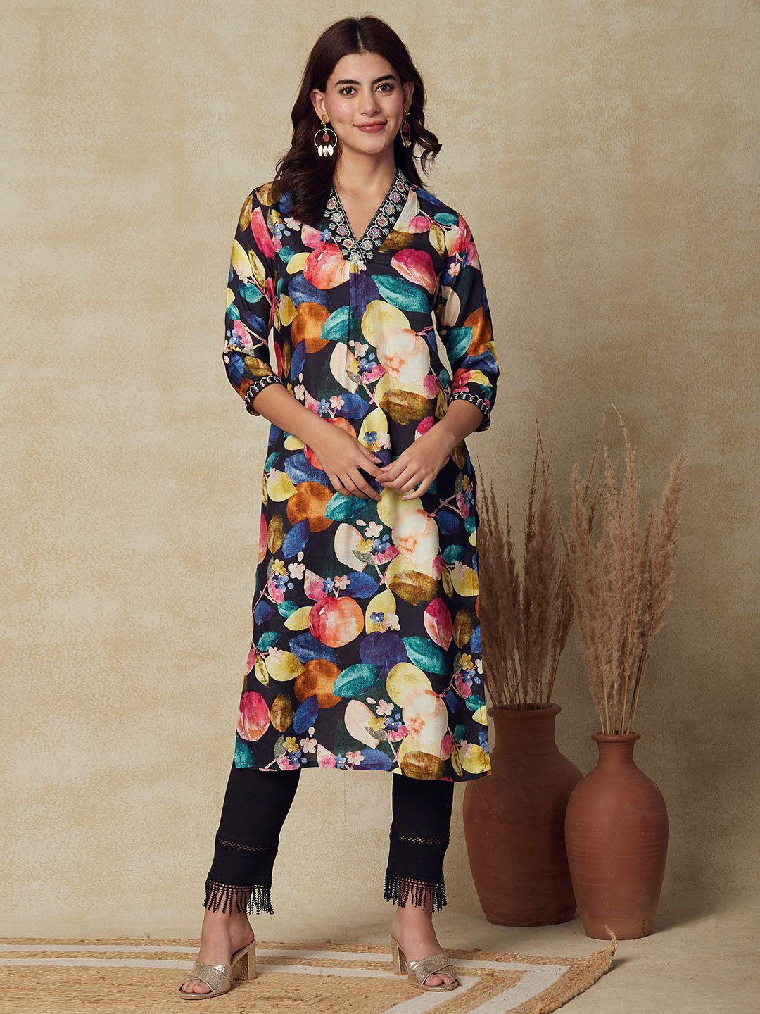 fashor navy blue floral printed thread work straight kurta