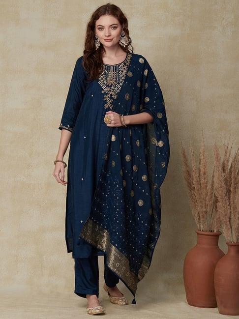 fashor navy embroidered kurta pant set with dupatta