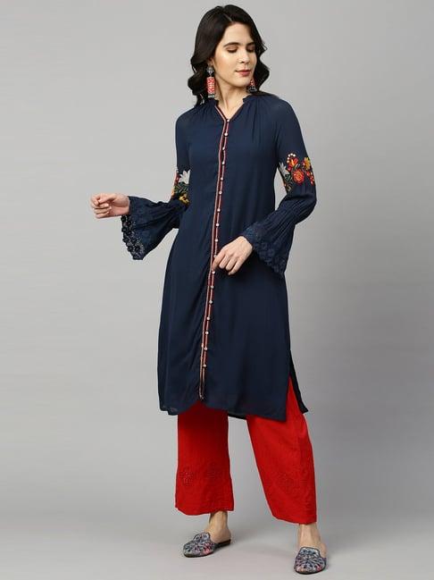 fashor navy embroidered straight kurta