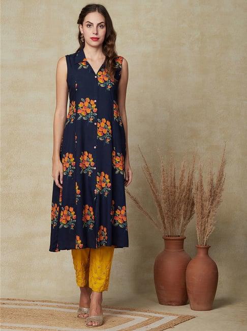 fashor navy floral print a line kurta